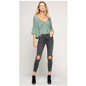 Free People High Rise Gray Charcoal Busted Knee Skinny Jeans Size 29